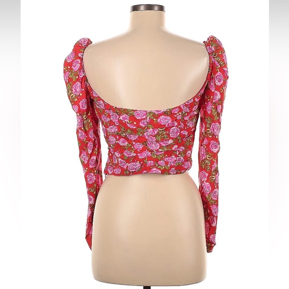 Zara Red and Pink Floral Print Long Puff Sleeve Crop Top Size M/S - Picture 4 of 8